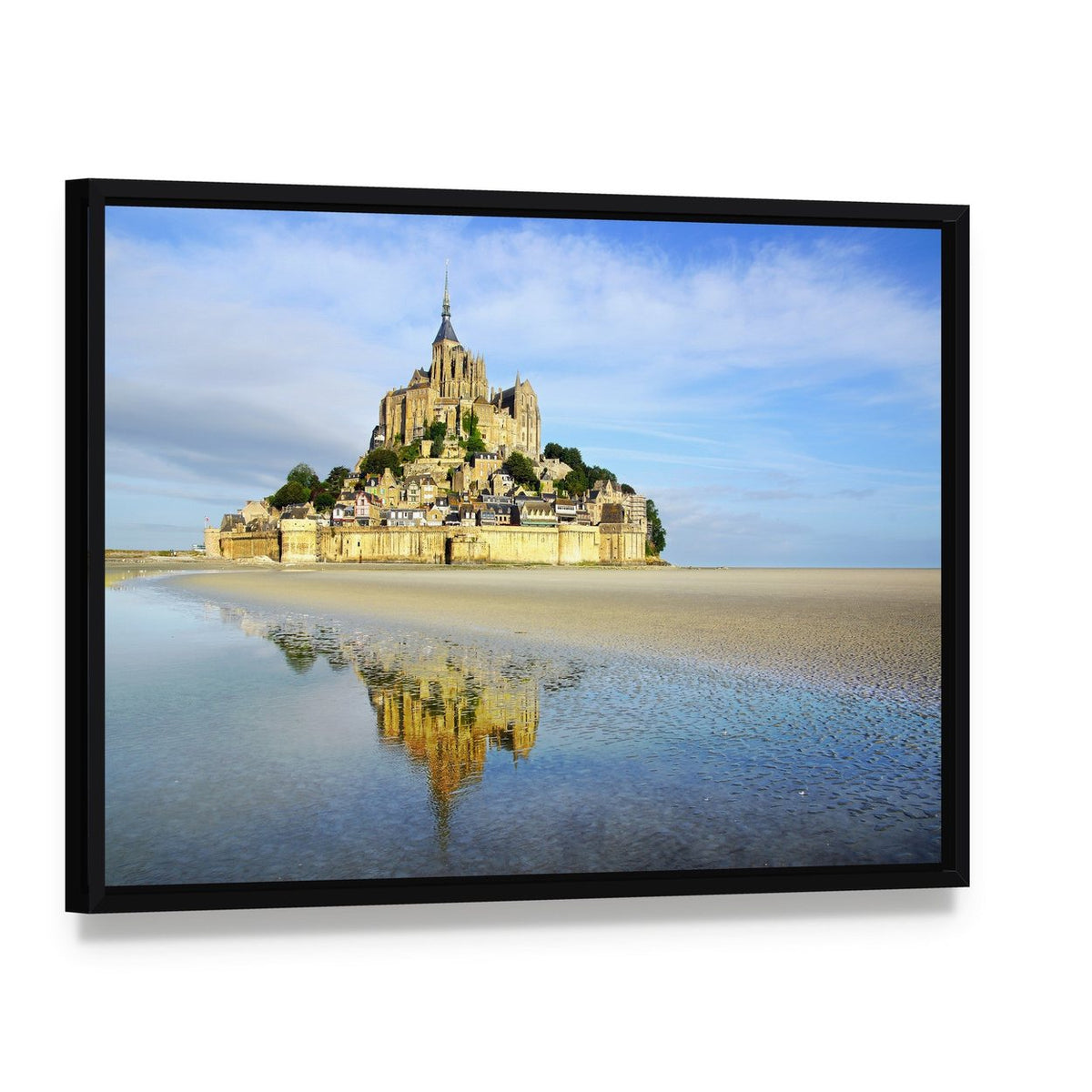 Mont Saint-michel Abbey on Tidal Flats Canvas Wall Art, framed canvas in a black floater frame, angled product view