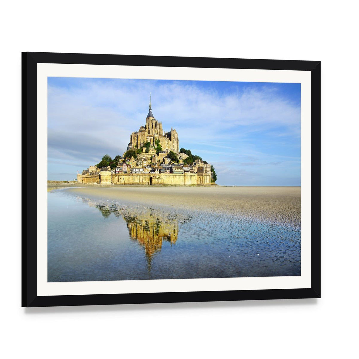 Mont Saint-michel Abbey on Tidal Flats Canvas Wall Art, framed print with white mat and black frame, angled product view