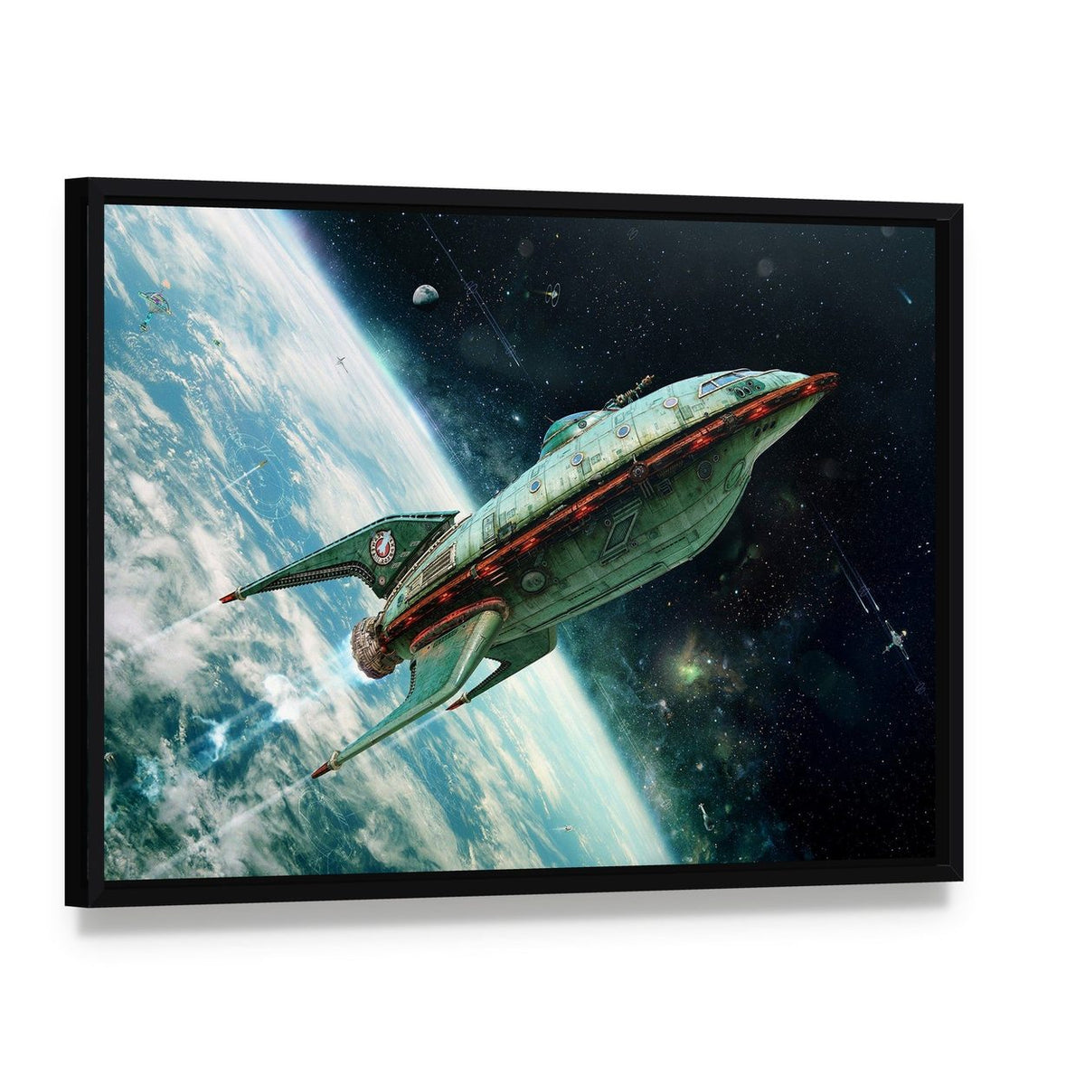 Alien Space Shuttle Canvas Wall Art, framed canvas in a black floater frame, angled product view