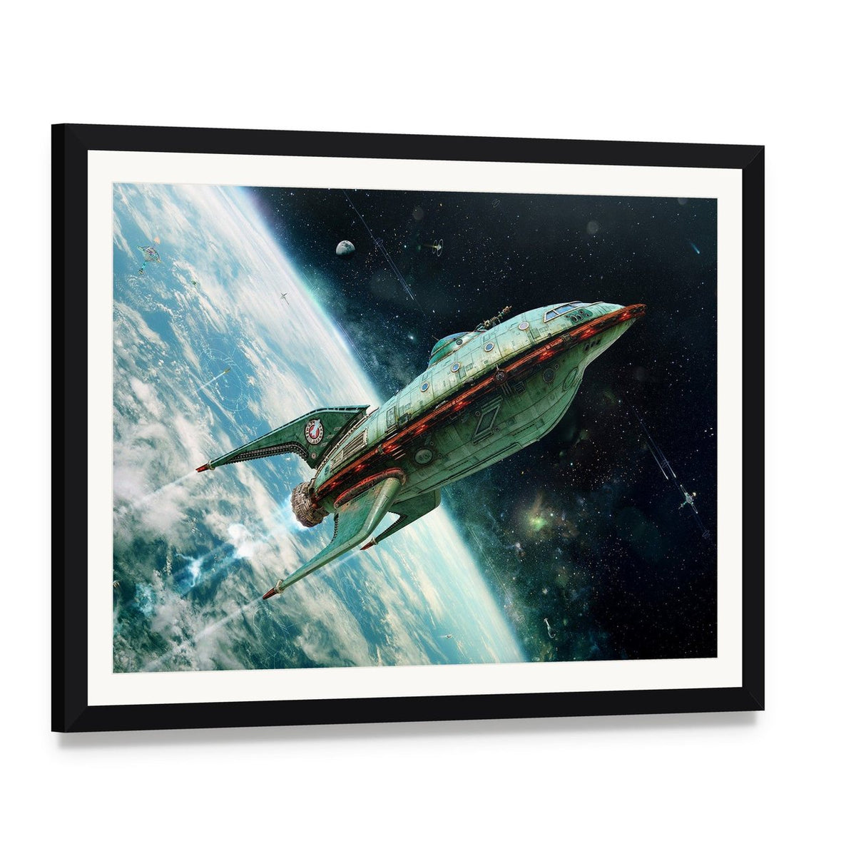 Alien Space Shuttle Canvas Wall Art, framed print with white mat and black frame, angled product view