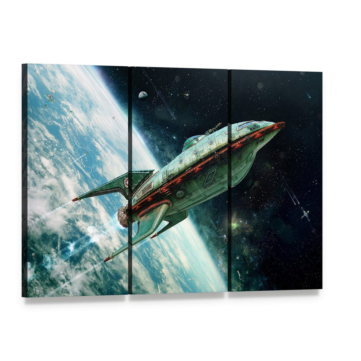 Alien Space Shuttle Canvas Wall Art, 3 panel 3 Horizontal layout gallery wrapped canvas set, angled product view
