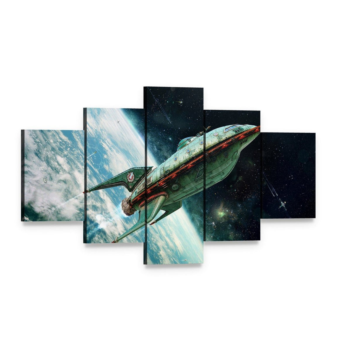 Alien Space Shuttle Canvas Wall Art, 5 panel 5 Star layout gallery wrapped canvas set, angled product view