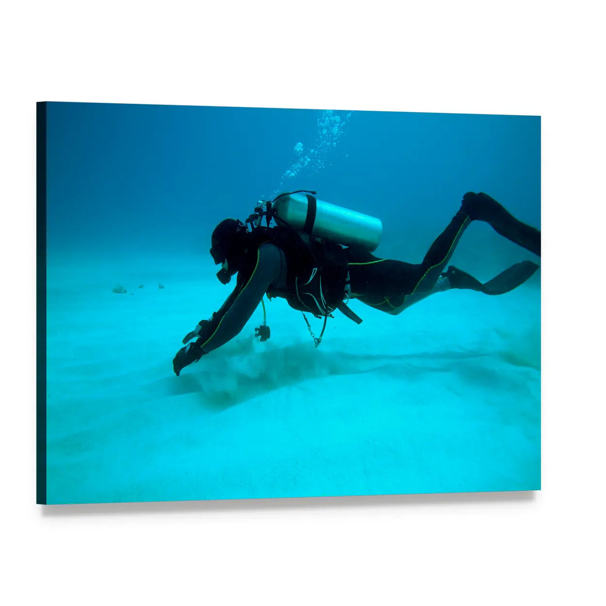 Diver Near Sandy Ocean Floor Canvas Wall Art, single panel gallery wrapped canvas, angled product view