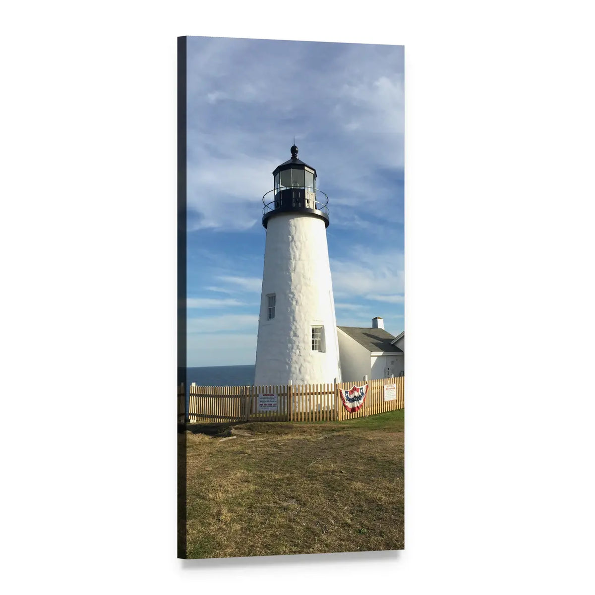 White Lighthouse with Picket Fence and Bunting Vertical Canvas Wall Art, 1 panel 1 Vertical layout gallery wrapped canvas set, angled product view
