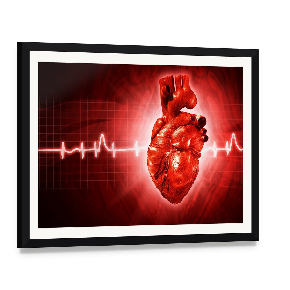 Human Heart Ecg Canvas Wall Art, framed print with white mat and black frame, angled product view