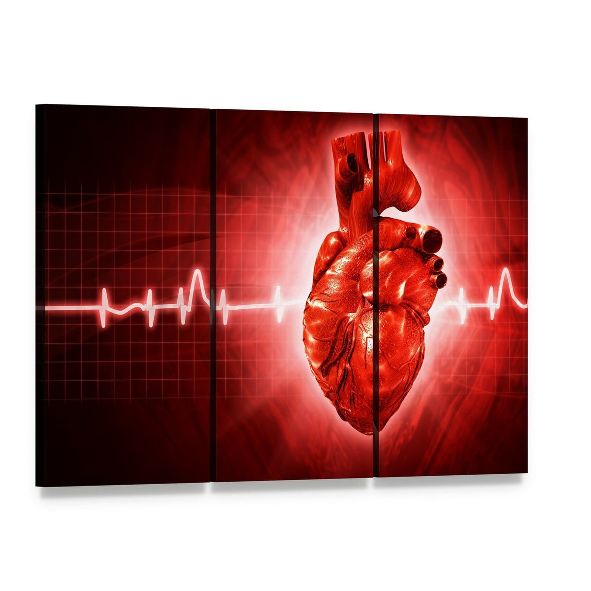 Human Heart Ecg Canvas Wall Art, 3 panel 3 Horizontal layout gallery wrapped canvas set, angled product view
