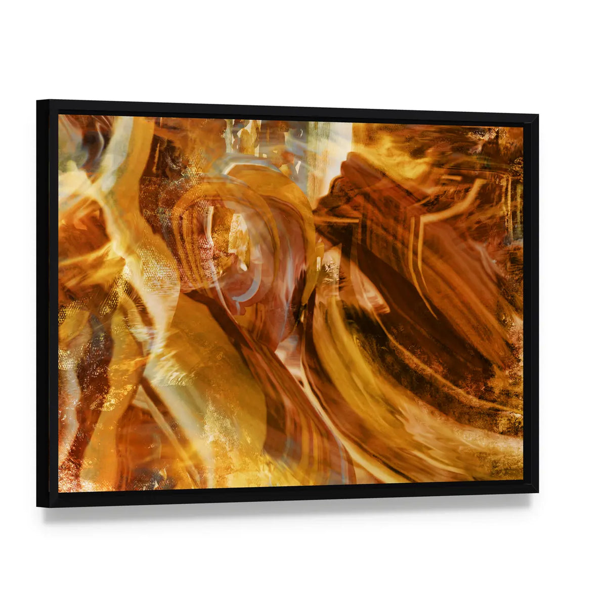 Amber and Gold Abstract with Layered Textures Canvas Wall Art, framed canvas in a black floater frame, angled product view