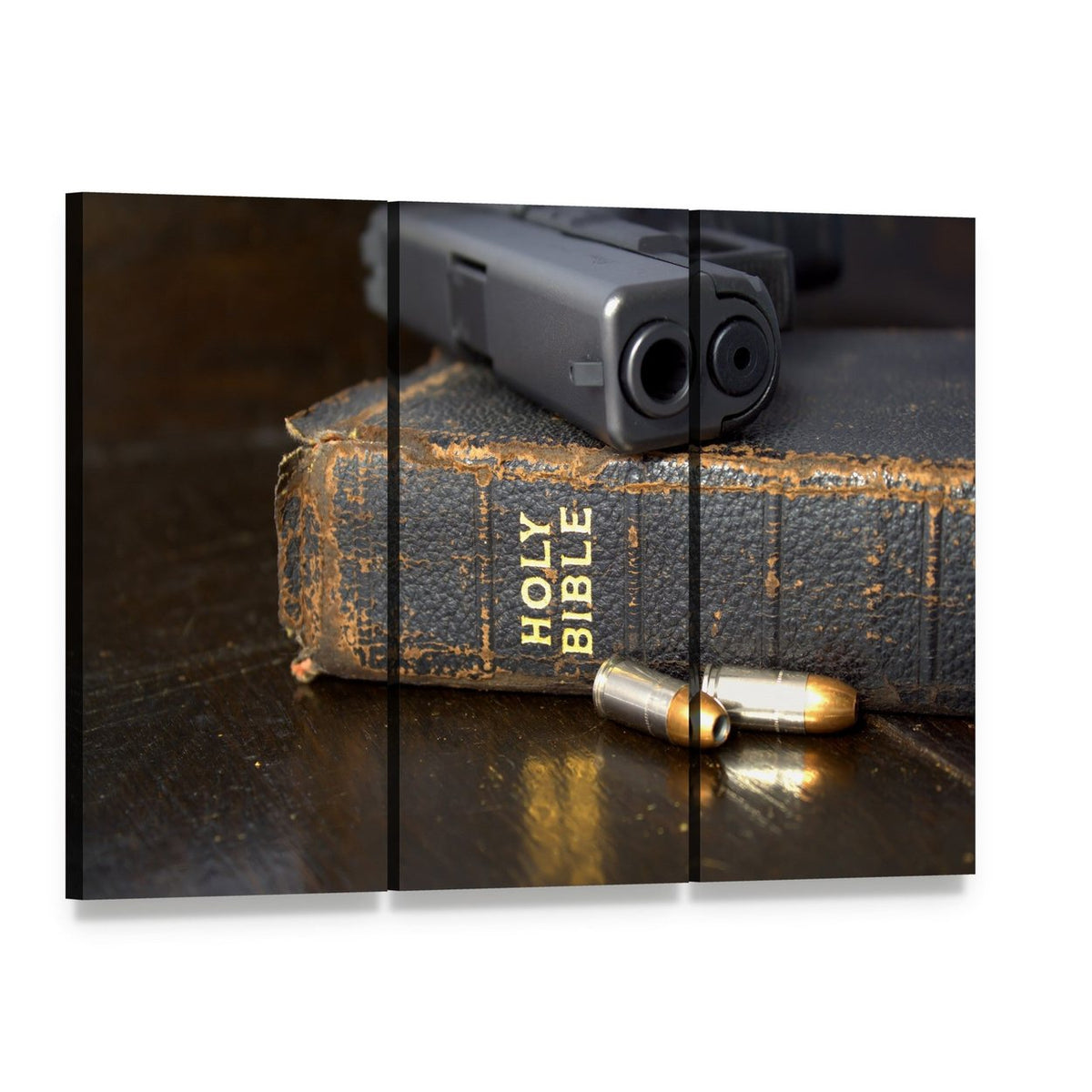 Pistol and Ammo with Bible Canvas Wall Art, 3 panel 3 Horizontal layout gallery wrapped canvas set, angled product view