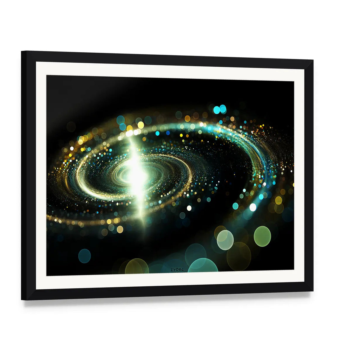 Spiral Galaxy Representation Via Lights Canvas Wall Art, framed print with white mat and black frame, angled product view
