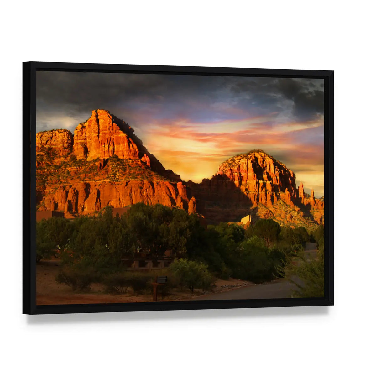 Sedona Red Rock Mountains at Sunset Canvas Wall Art, framed canvas in a black floater frame, angled product view
