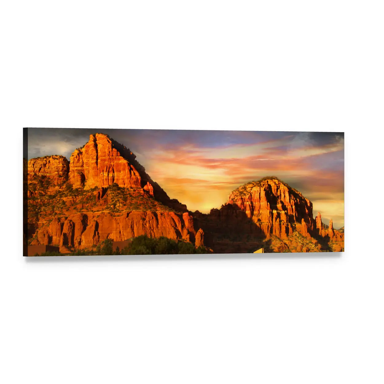 Sedona Red Rock Mountains at Sunset Panoramic Canvas Wall Art, single panel gallery wrapped canvas, angled product view