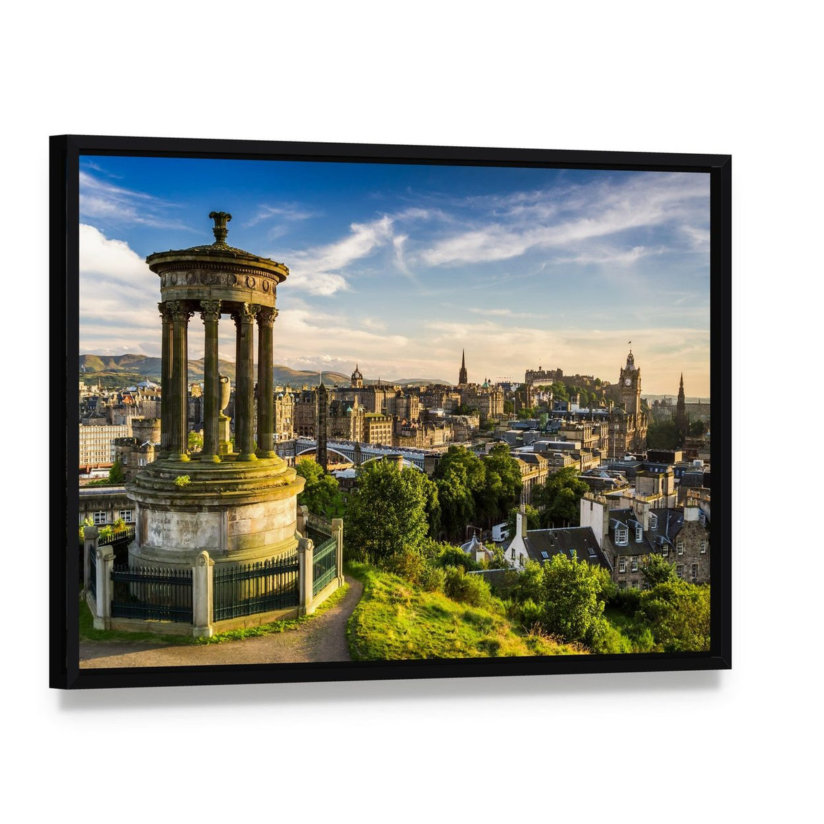 City of Edinburgh Canvas Wall Art, framed canvas in a black floater frame, angled product view