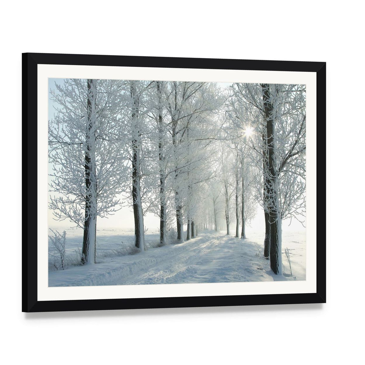Country Road in Winter Canvas Wall Art, framed print with white mat and black frame, angled product view