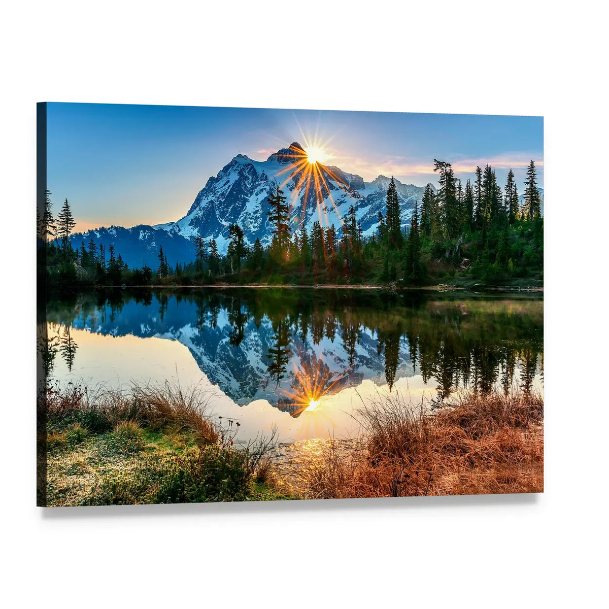 Mountain Reflection in Lake Canvas Wall Art, single panel gallery wrapped canvas, angled product view