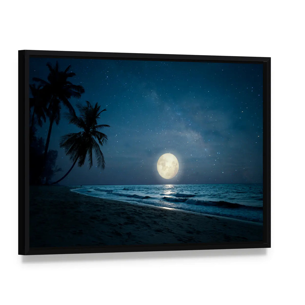 Moonlit Fantasy Tropical Beach Canvas Wall Art, framed canvas in a black floater frame, angled product view