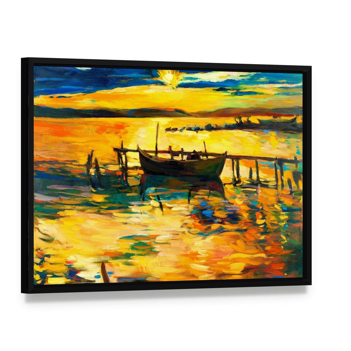 Abstract Boat and Jetty Canvas Wall Art, framed canvas in a black floater frame, angled product view
