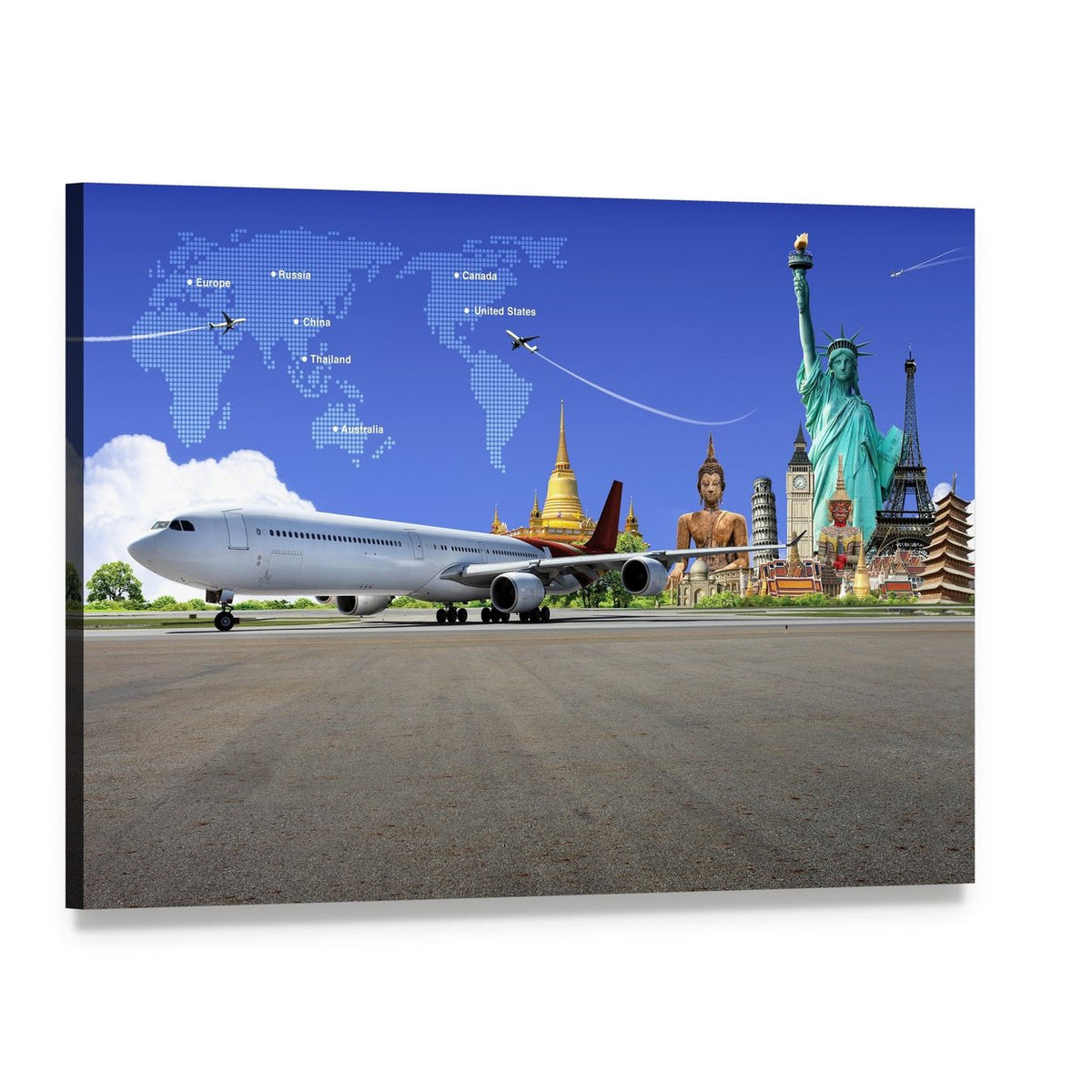 World Map with Flight Paths Canvas Wall Art, single panel gallery wrapped canvas, angled product view
