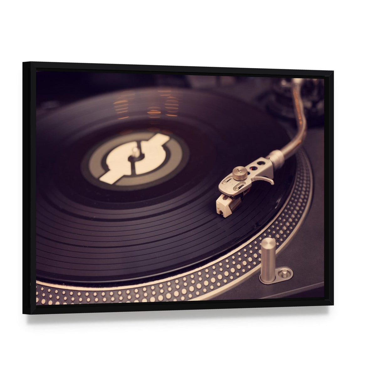 Vintage Vinyl Turntable Close-up Canvas Wall Art, framed canvas in a black floater frame, angled product view