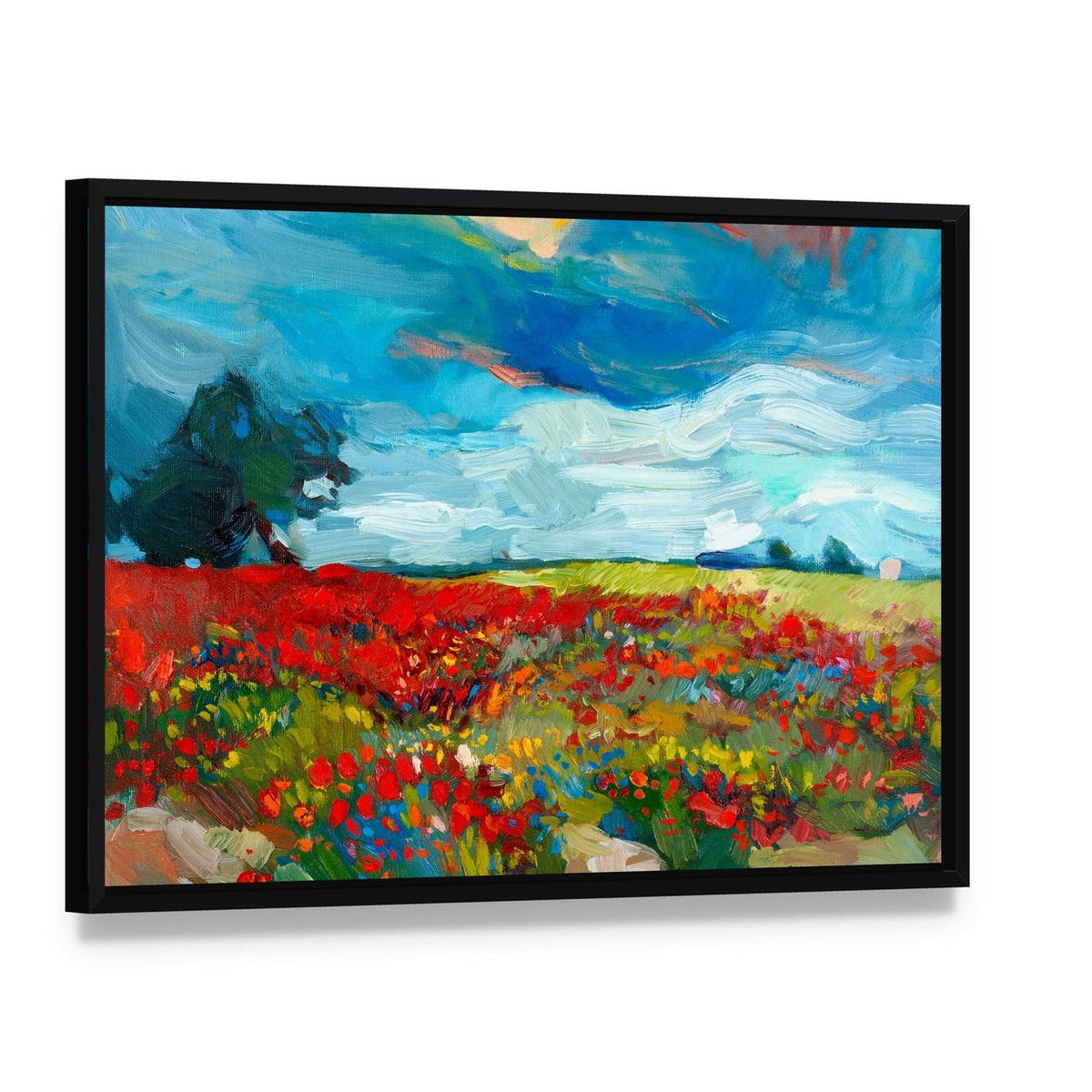 Watercolor Fields of Flowers Canvas Wall Art, framed canvas in a black floater frame, angled product view