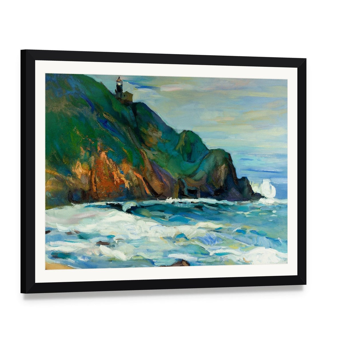 Oil Painting of Seacoast Canvas Wall Art, framed print with white mat and black frame, angled product view