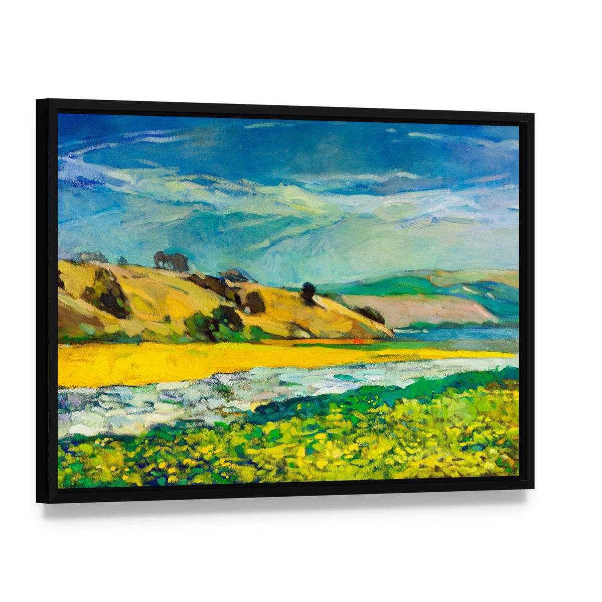 River Coast & Cliffs Canvas Wall Art, framed canvas in a black floater frame, angled product view
