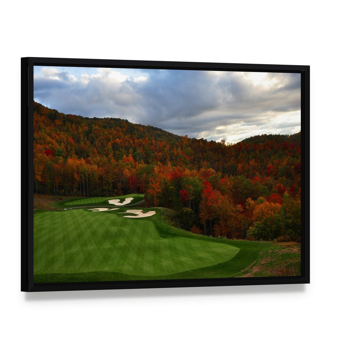 Golf Course in Mountains Canvas Wall Art, framed canvas in a black floater frame, angled product view