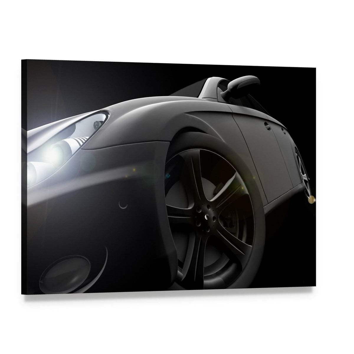 Sleek Black Car Canvas Wall Art, single panel gallery wrapped canvas, angled product view
