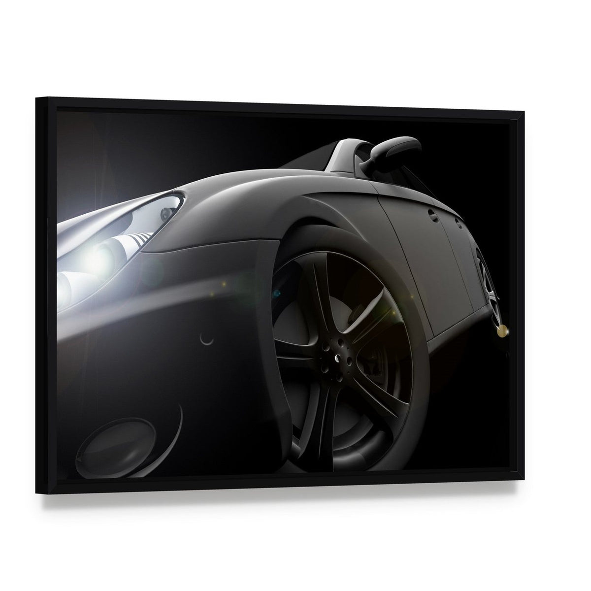 Sleek Black Car Canvas Wall Art, framed canvas in a black floater frame, angled product view