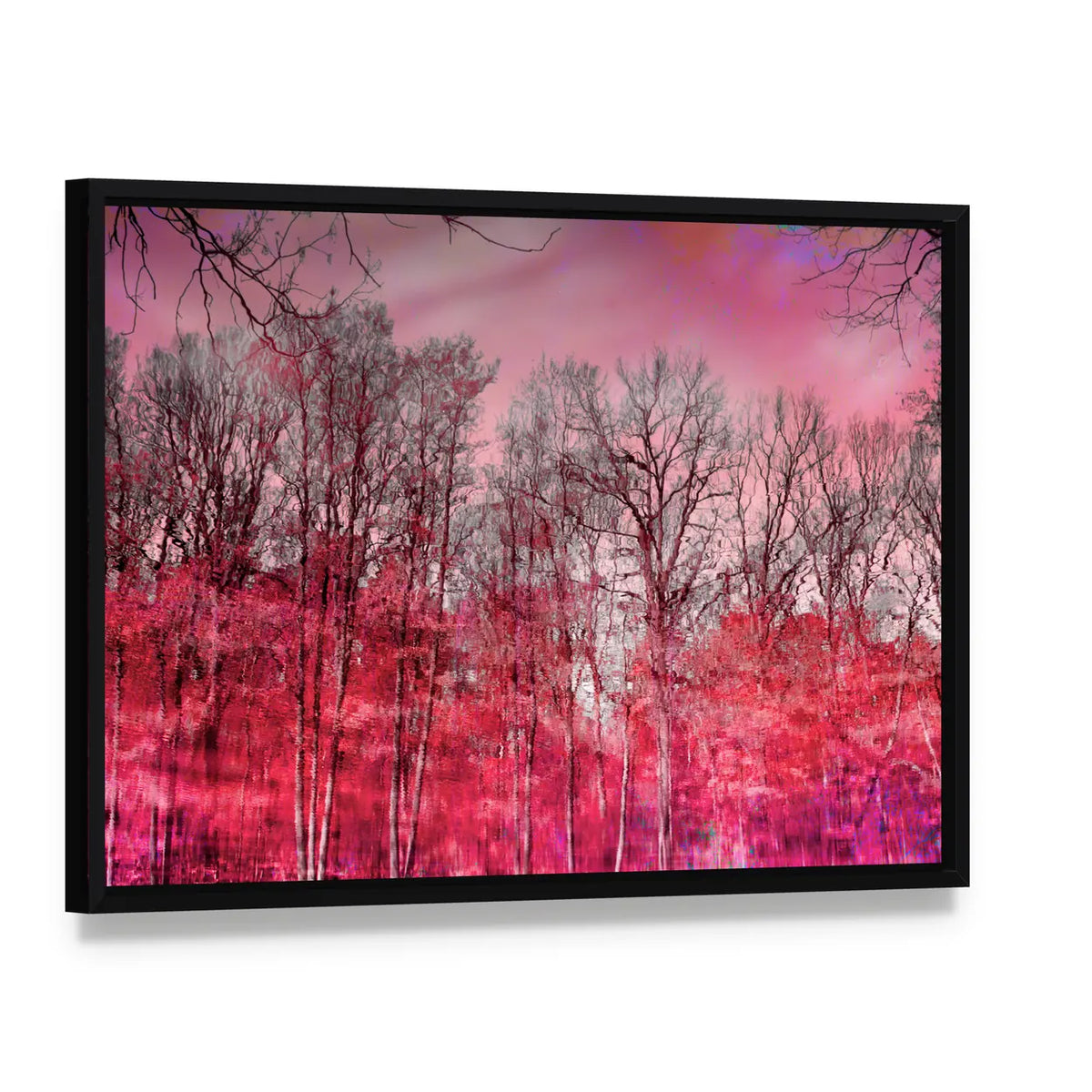 Surreal Pink Winter Forest Canvas Wall Art, framed canvas in a black floater frame, angled product view