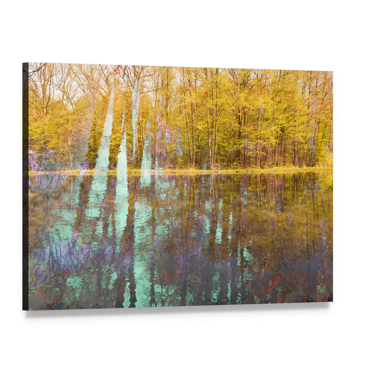 Autumn Lake Abstract with Light Streaks Canvas Wall Art, single panel gallery wrapped canvas, angled product view