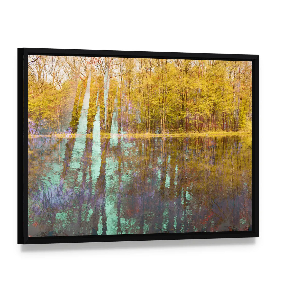 Autumn Lake Abstract with Light Streaks Canvas Wall Art, framed canvas in a black floater frame, angled product view