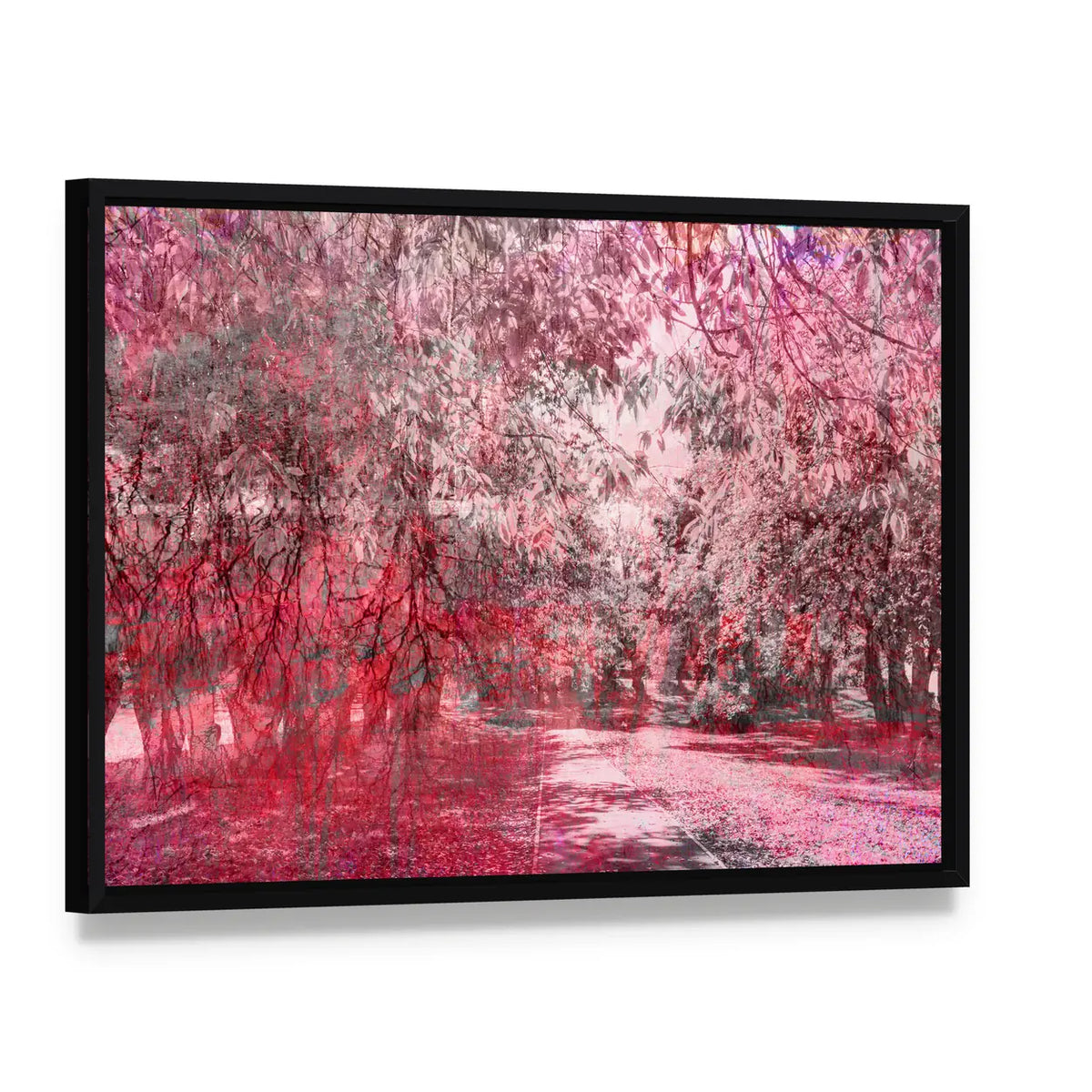 Fantasy Fall Forest Path Canvas Wall Art, framed canvas in a black floater frame, angled product view