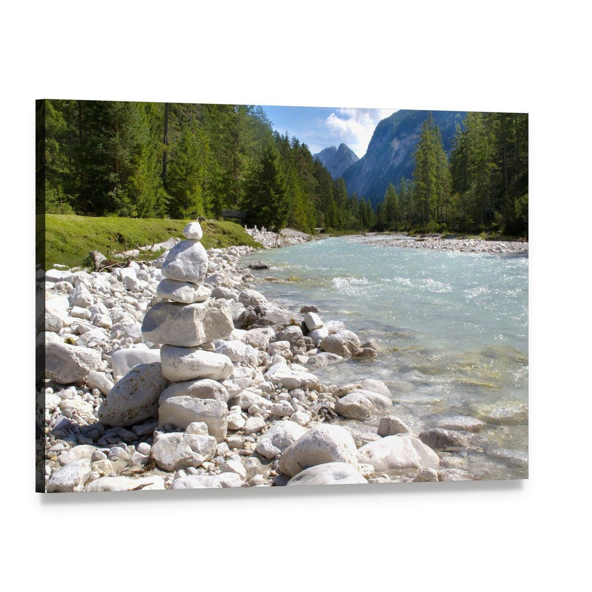 Alpine River with Stone Cairn Canvas Wall Art, single panel gallery wrapped canvas, angled product view