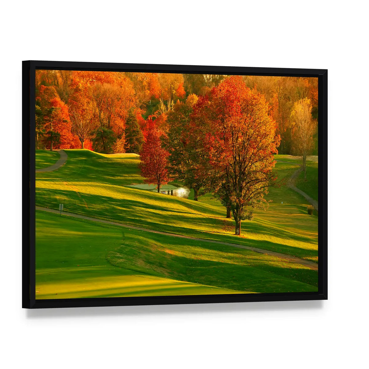 Sunset At The Golf Course Canvas Wall Art, framed canvas in a black floater frame, angled product view