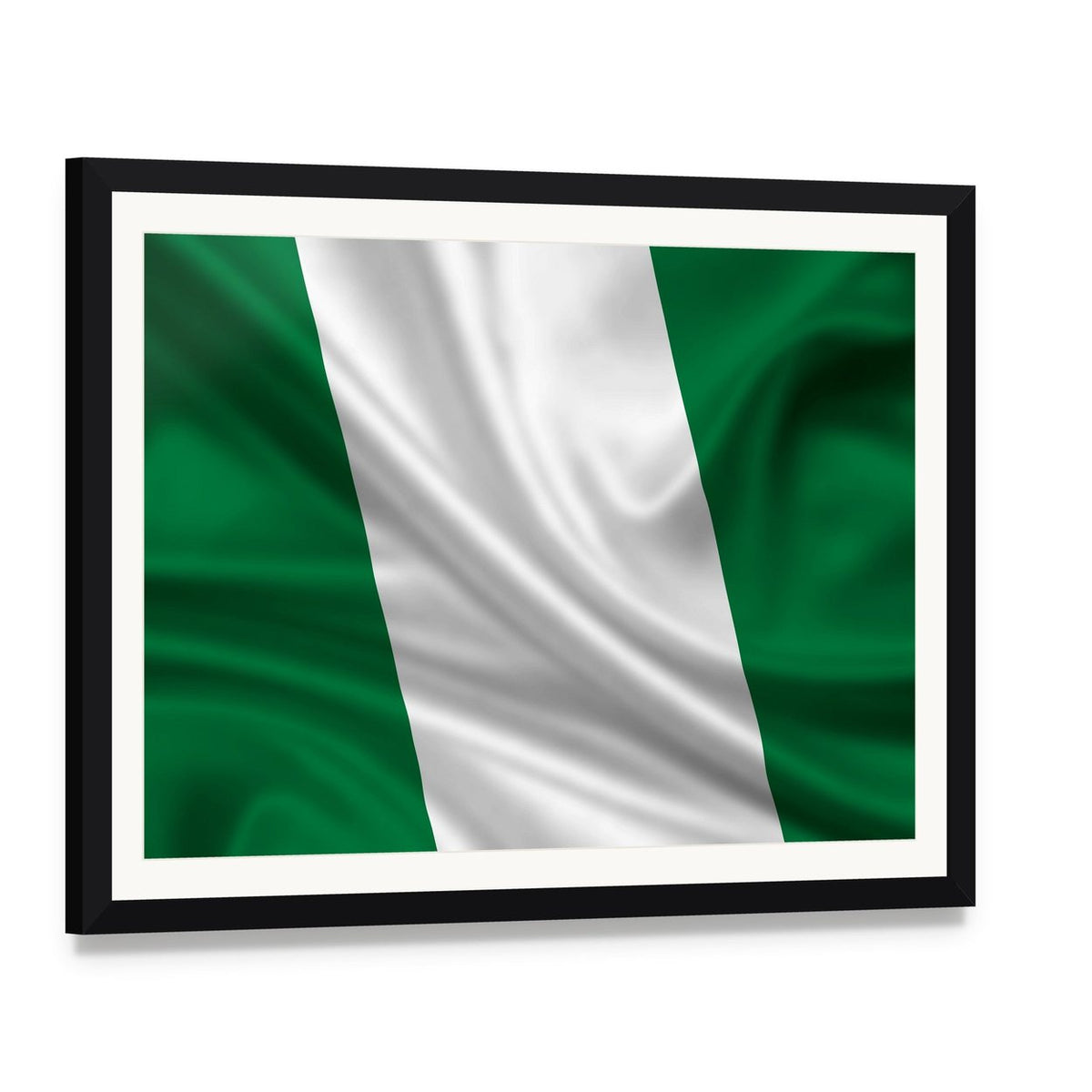 Waving Flag of Nigeria Canvas Wall Art, framed print with white mat and black frame, angled product view