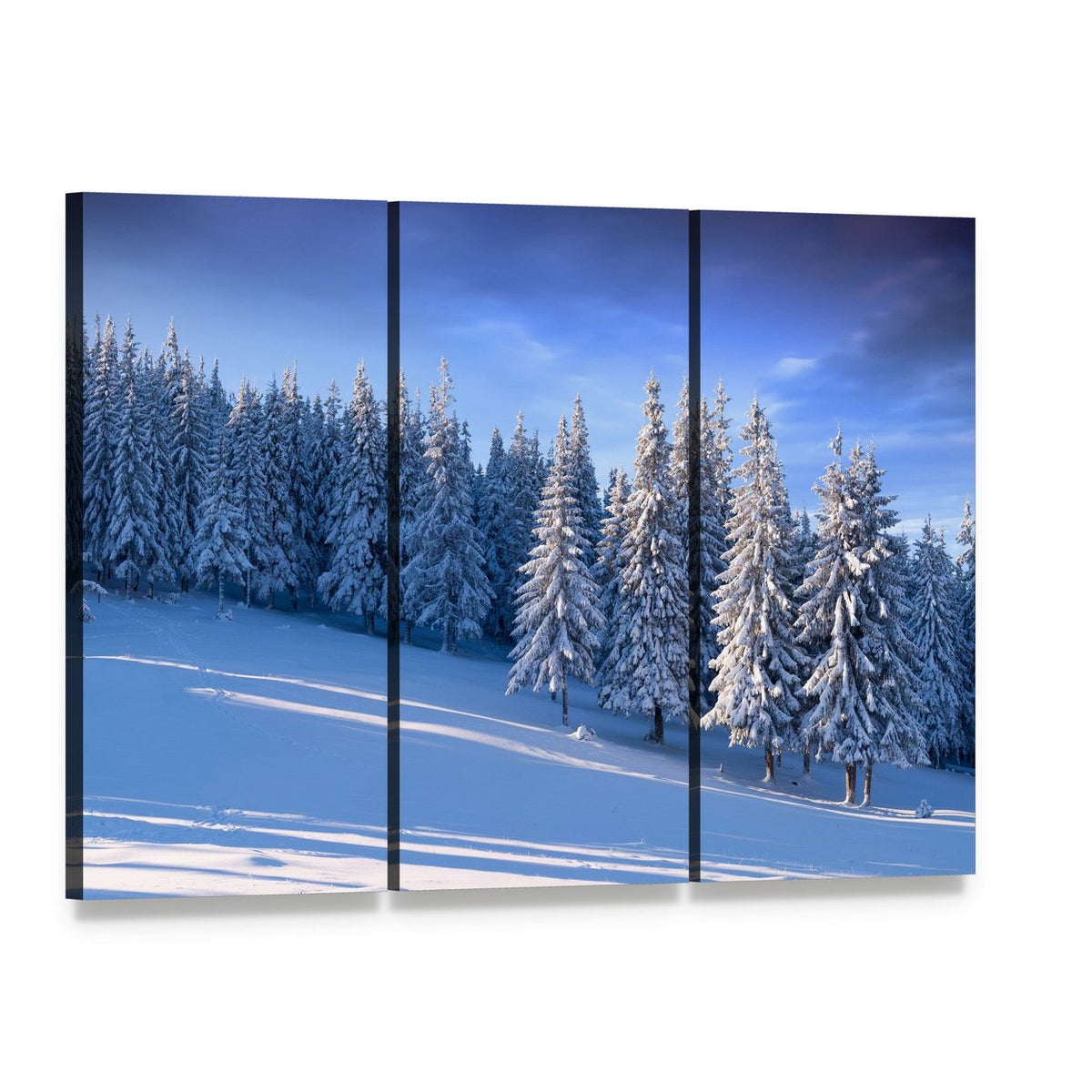 Winter Landscape in Forest Canvas Wall Art, 3 panel 3 Horizontal layout gallery wrapped canvas set, angled product view