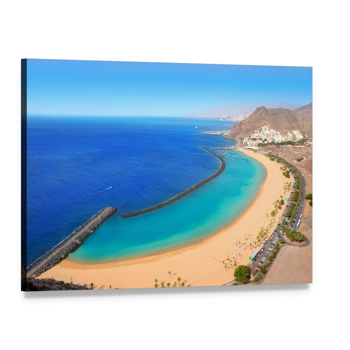 Aerial Beach View with Breakwater Canvas Wall Art, single panel gallery wrapped canvas, angled product view