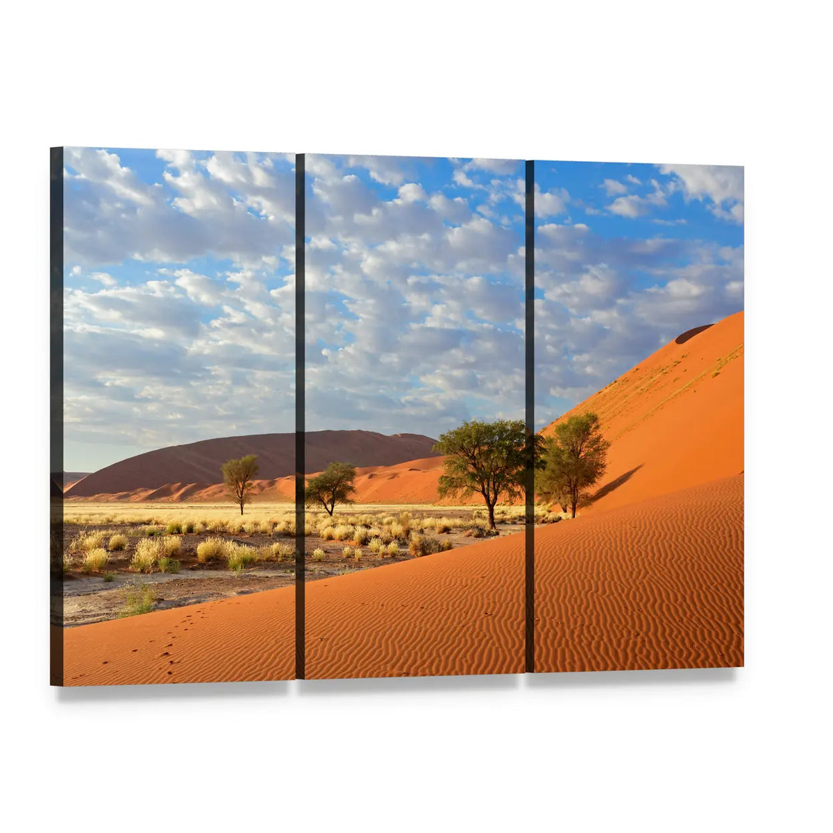 Sossusvlei Sand Dunes, Namibia Canvas Wall Art, 3 panel 3 Horizontal layout gallery wrapped canvas set, angled product view