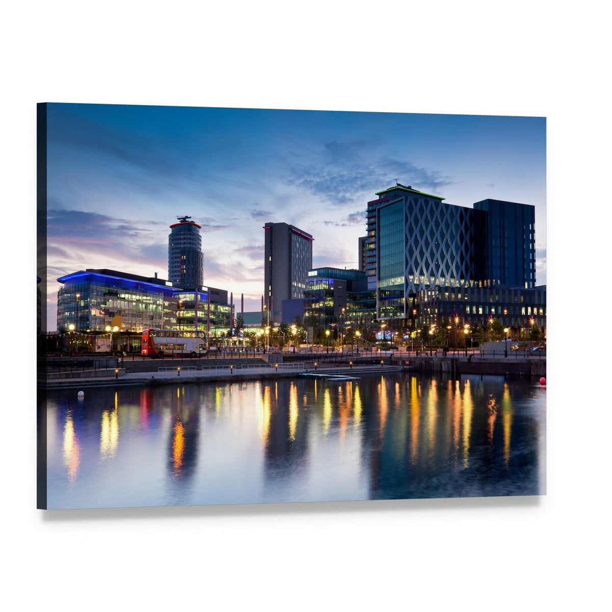 Media City at Dusk Canvas Wall Art, single panel gallery wrapped canvas, angled product view