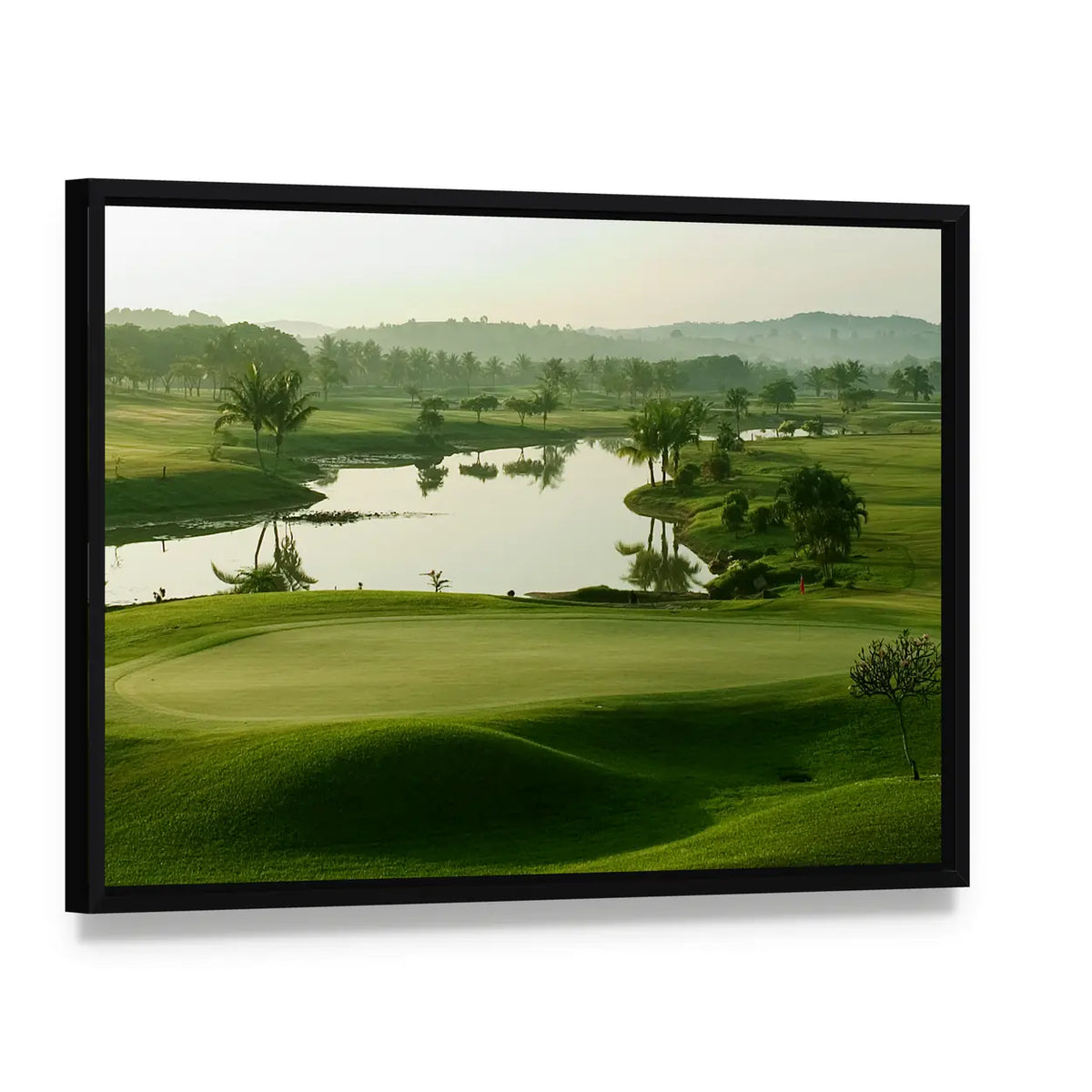 Sunrise Golf Course with Lake Canvas Wall Art, framed canvas in a black floater frame, angled product view