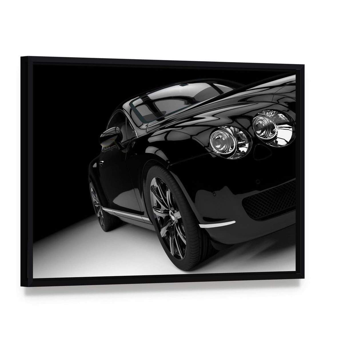 Luxury Black Car Canvas Wall Art, framed canvas in a black floater frame, angled product view