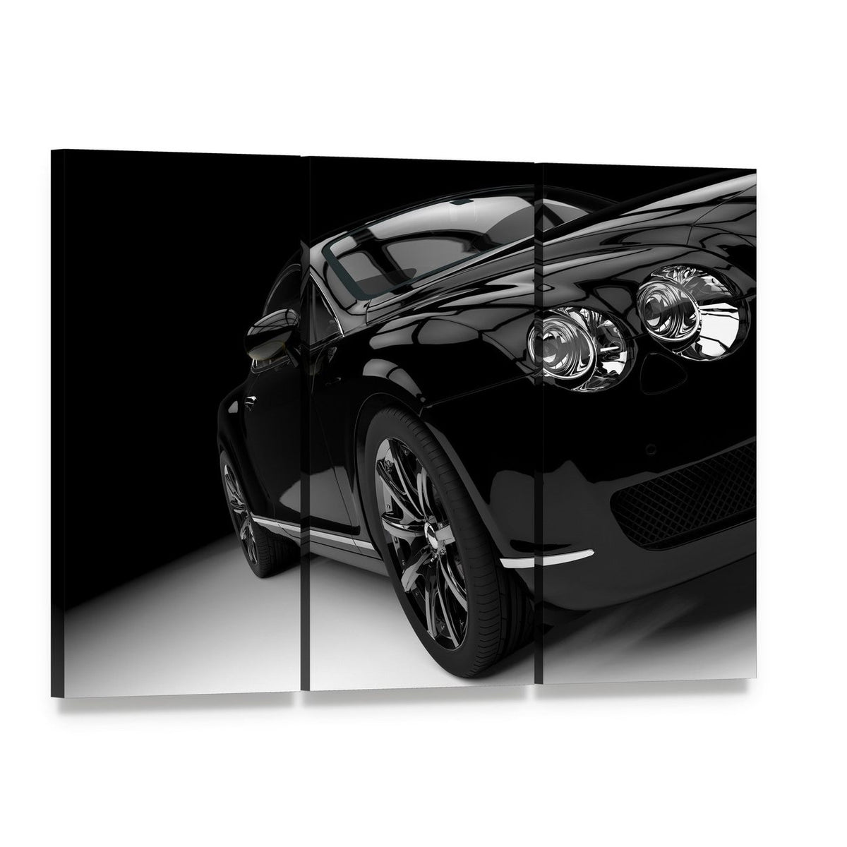 Luxury Black Car Canvas Wall Art, 3 panel 3 Horizontal layout gallery wrapped canvas set, angled product view