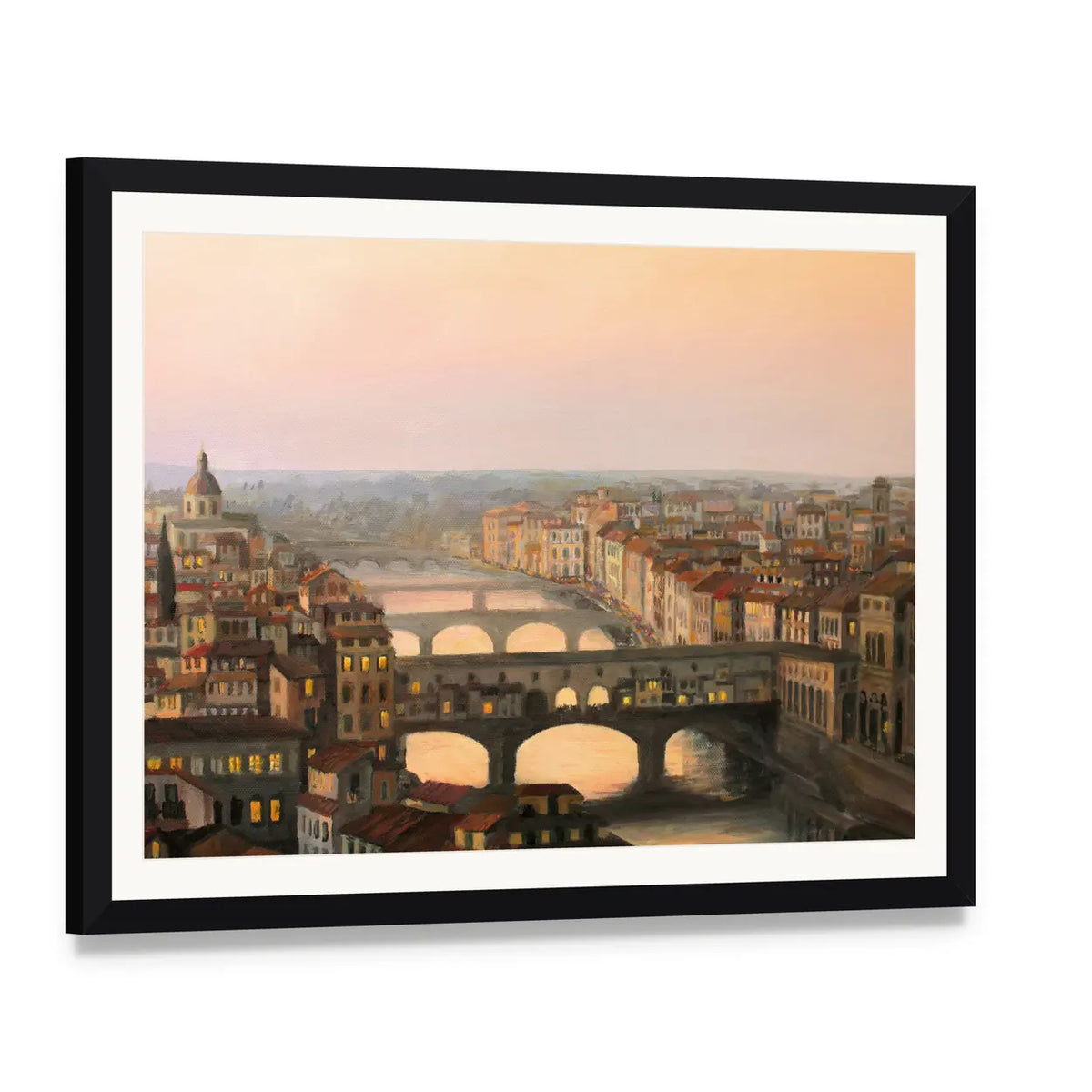 Sunset Over Florence Canvas Wall Art, framed print with white mat and black frame, angled product view