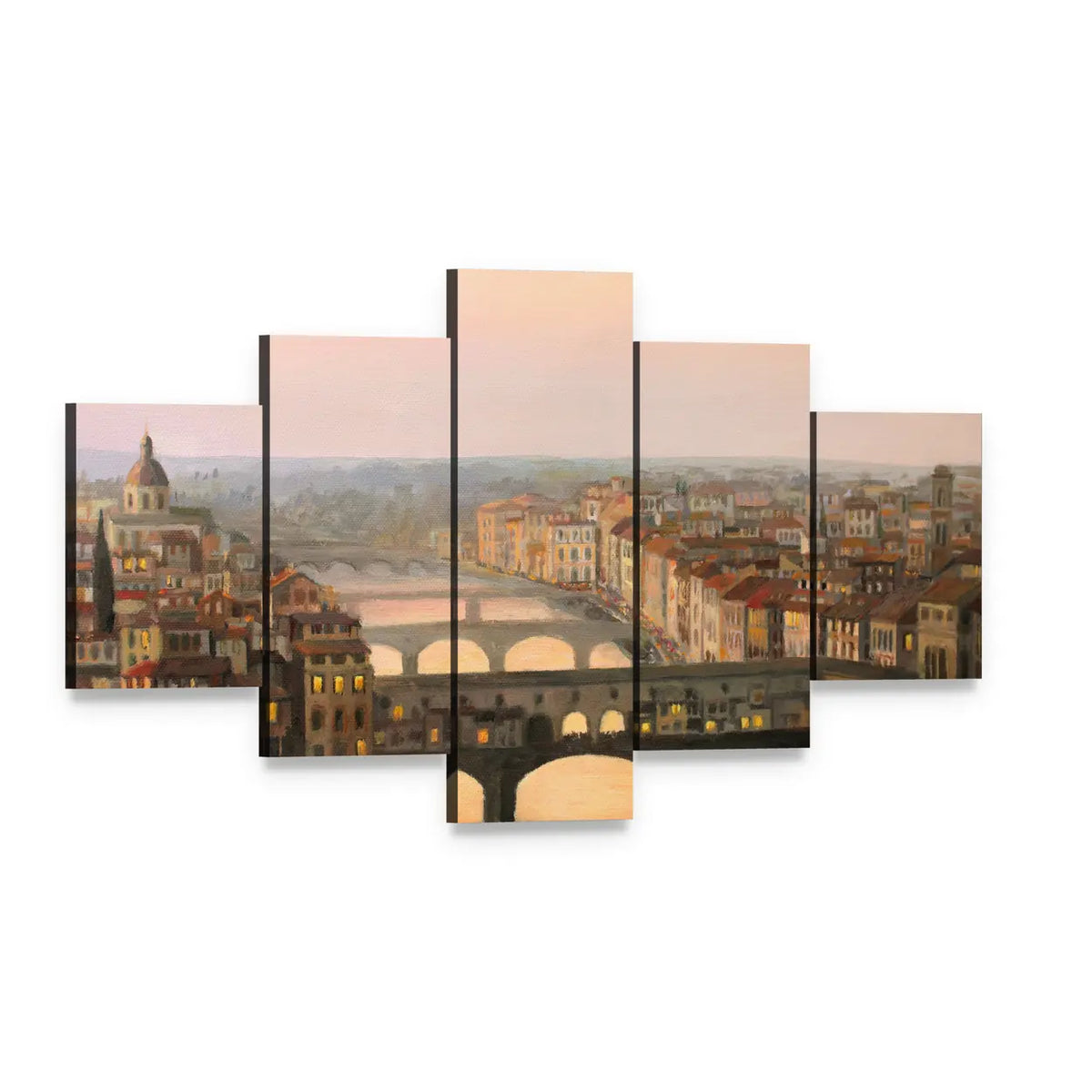 Sunset Over Florence Canvas Wall Art, 5 panel 5 Star layout gallery wrapped canvas set, angled product view