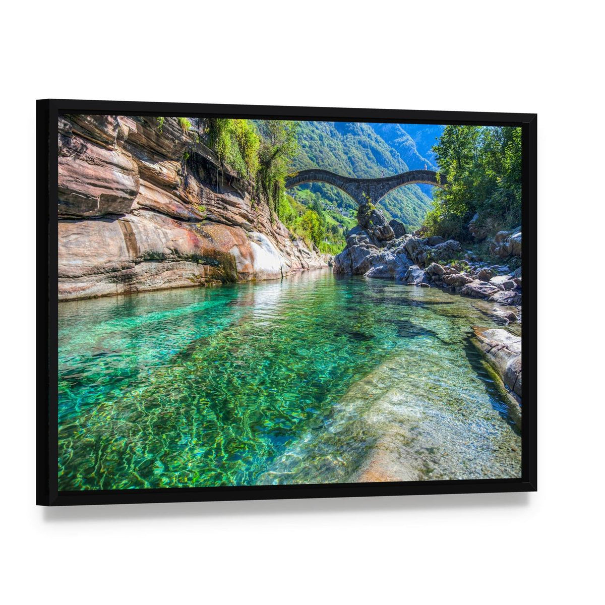 Double Arched Verzasca Canvas Wall Art, framed canvas in a black floater frame, angled product view