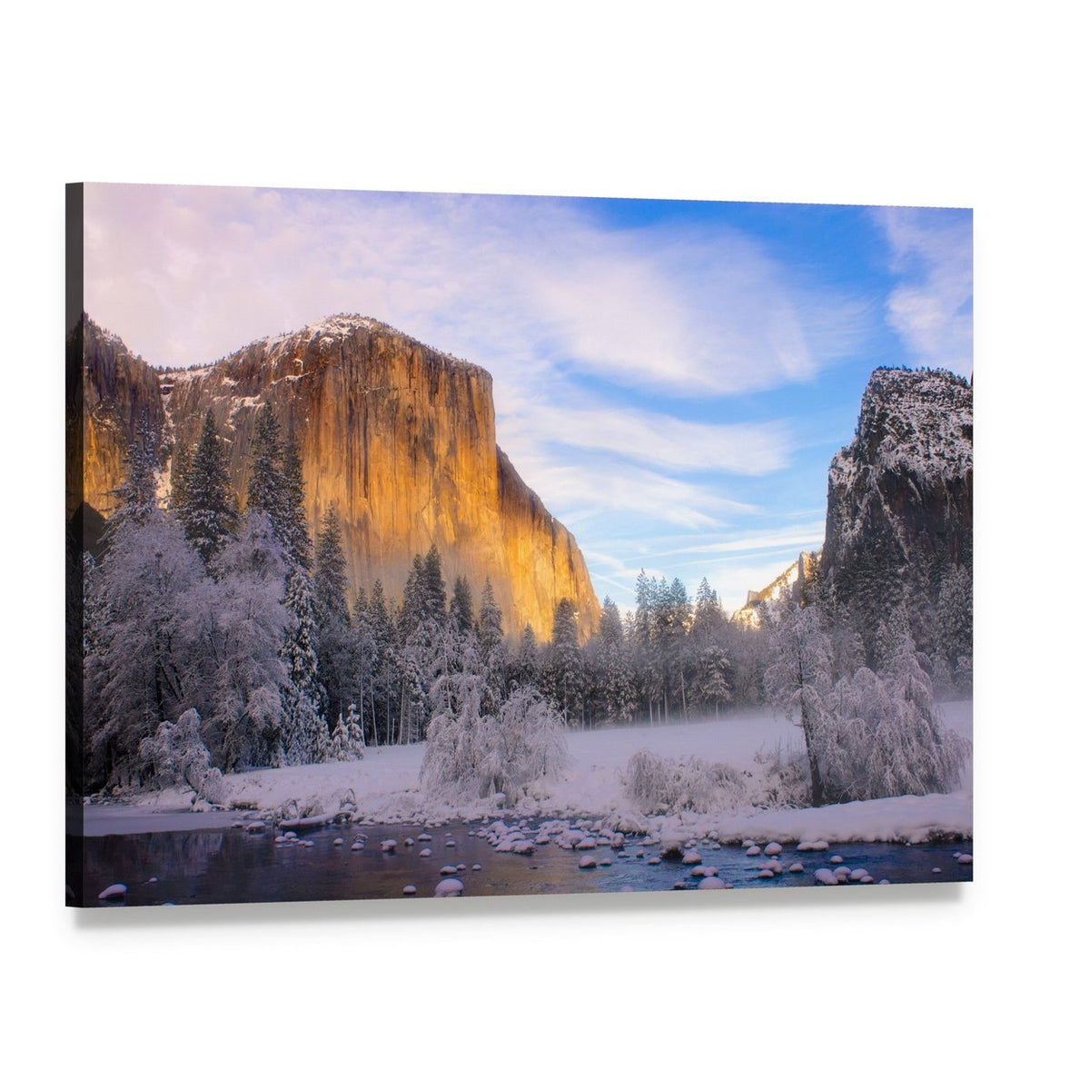 Winter Evening in Yosemite Valley Canvas Wall Art, single panel gallery wrapped canvas, angled product view