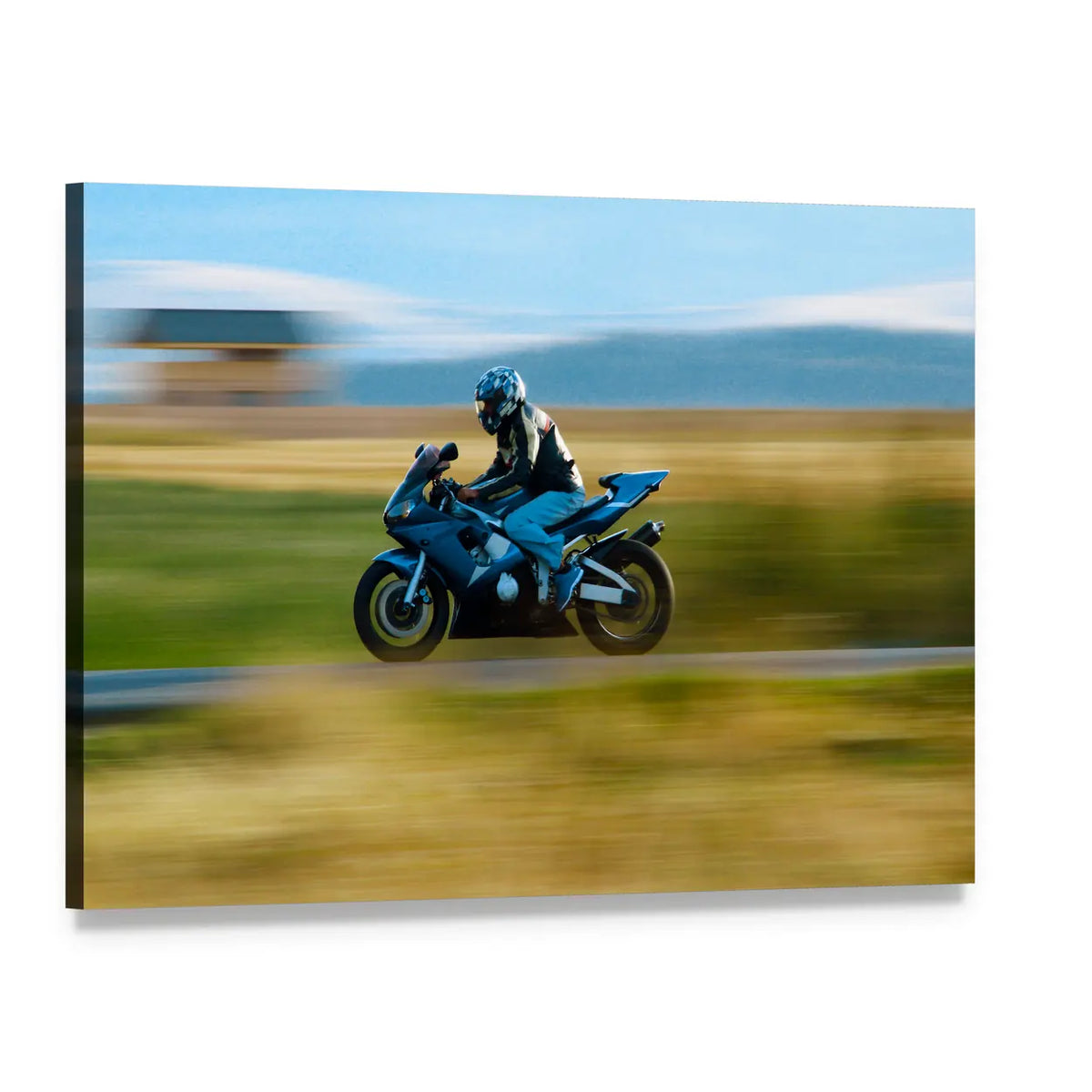 High-speed Dark Blue Sport Motorcycle Canvas Wall Art, single panel gallery wrapped canvas, angled product view