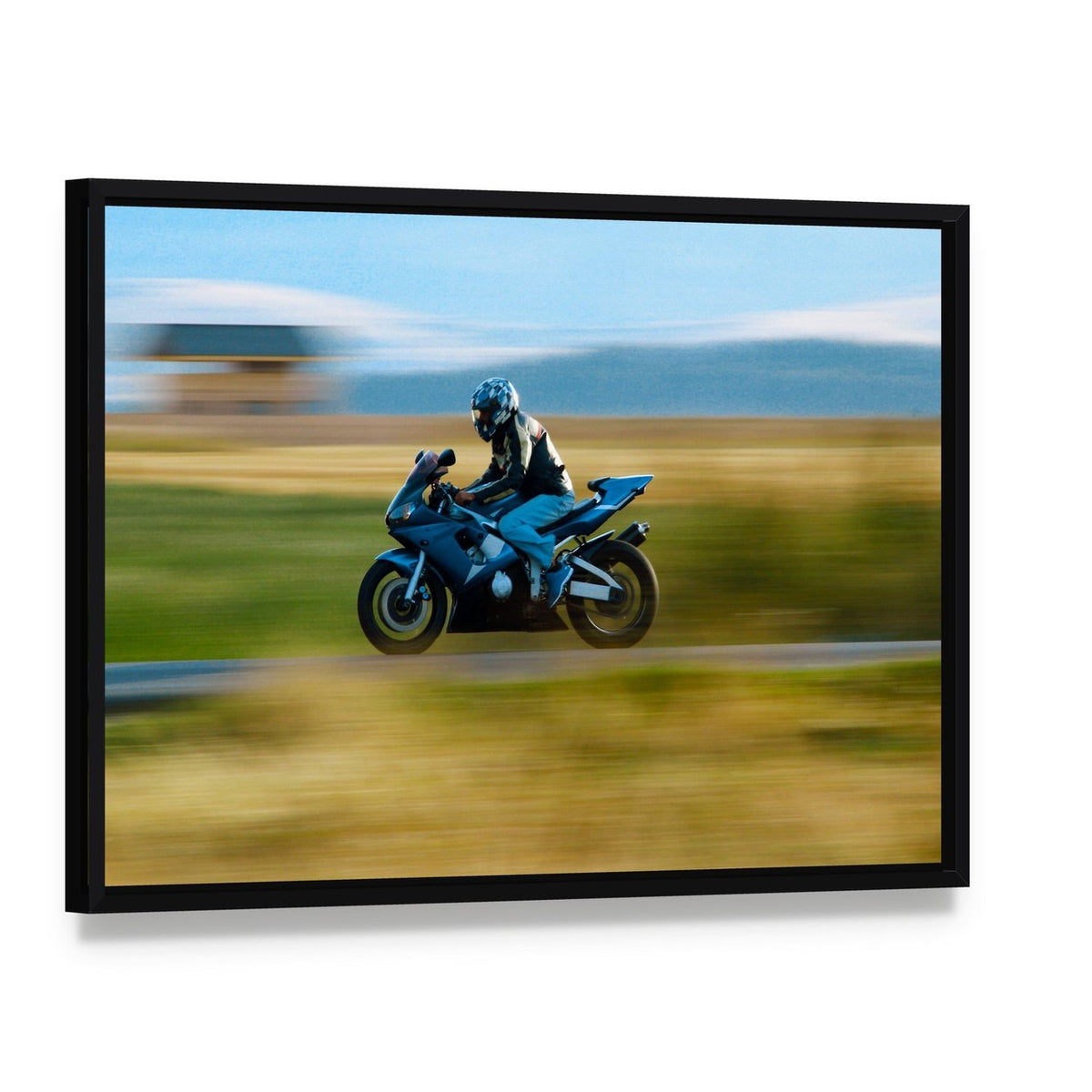 High Speed Motorbike Canvas Wall Art, framed canvas in a black floater frame, angled product view