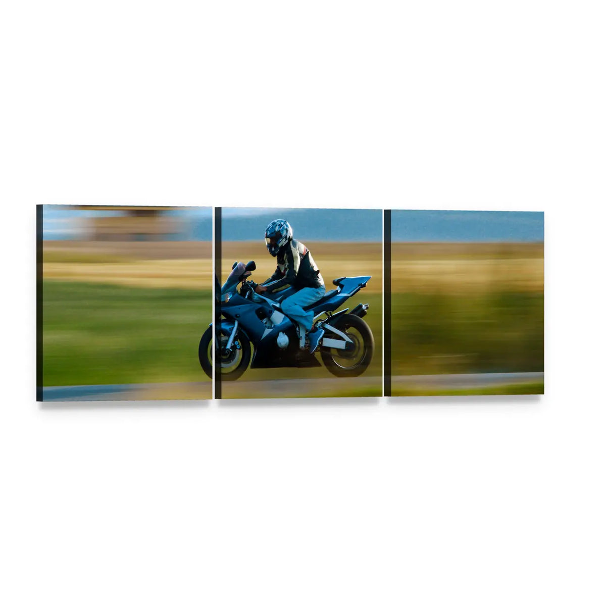 Motorcyclist on Blue Sportbike at Speed Panoramic Canvas Wall Art, 3 panel 3 Piece layout gallery wrapped canvas set, angled product view