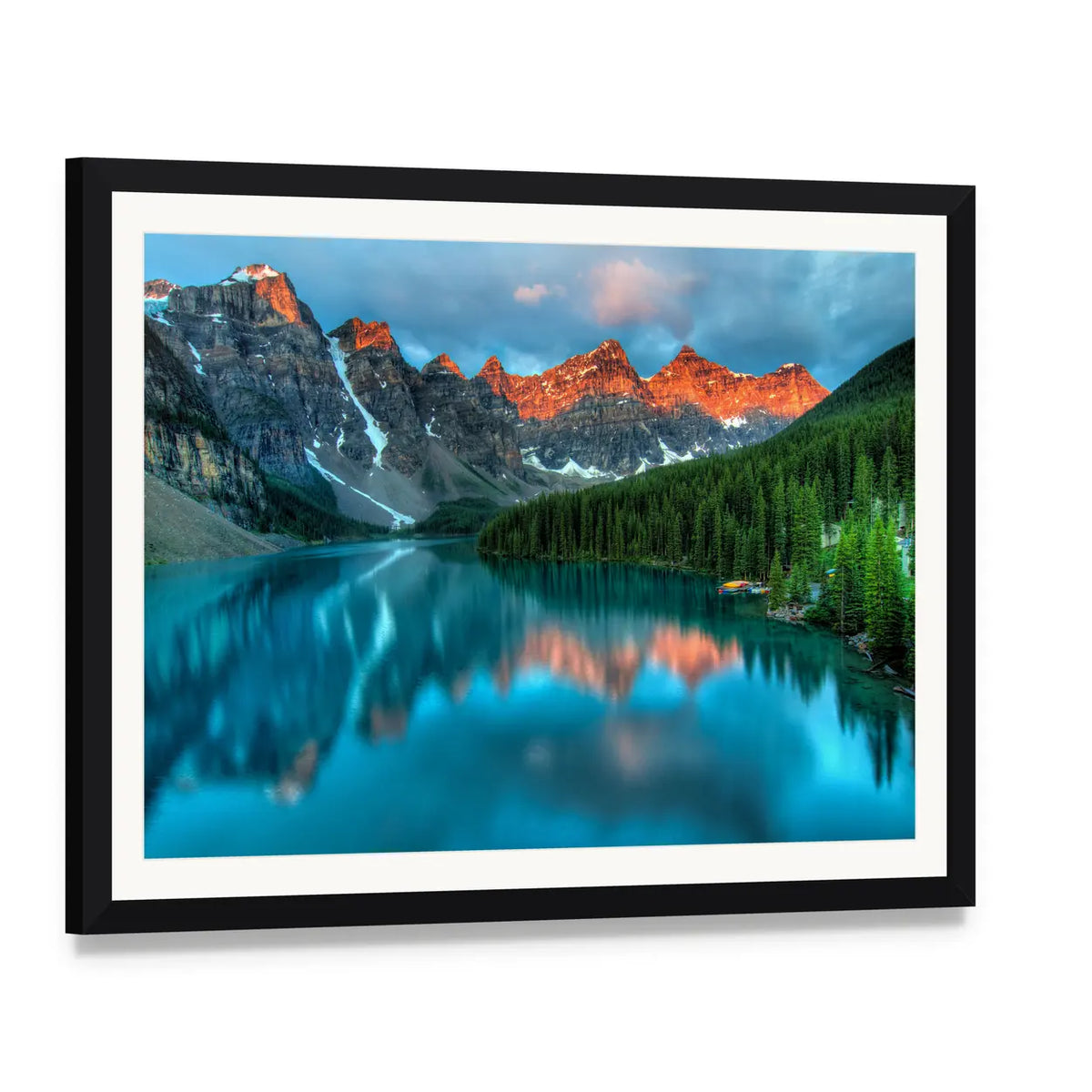 Moraine Lake Sunrise Canvas Wall Art, framed print with white mat and black frame, angled product view